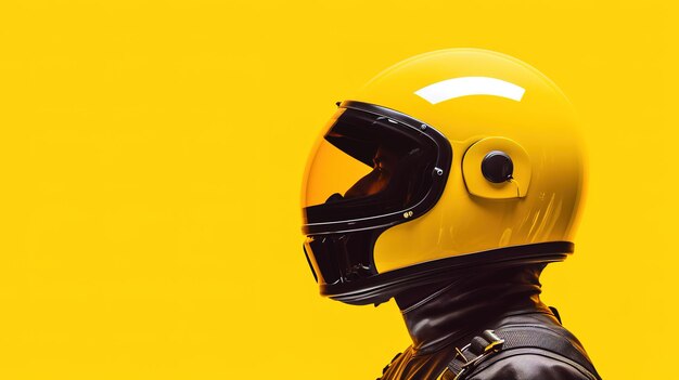 Фото Мотоциклист в футуристическом космическом костюме с затемненным козырьком из масла на желтом