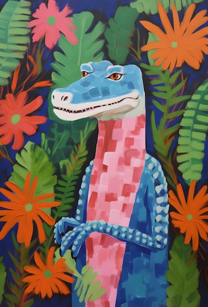 Фото На картине маслом изображен крокодил и цветы в одной позе, цветы-солнце в стиле светло-бордового.