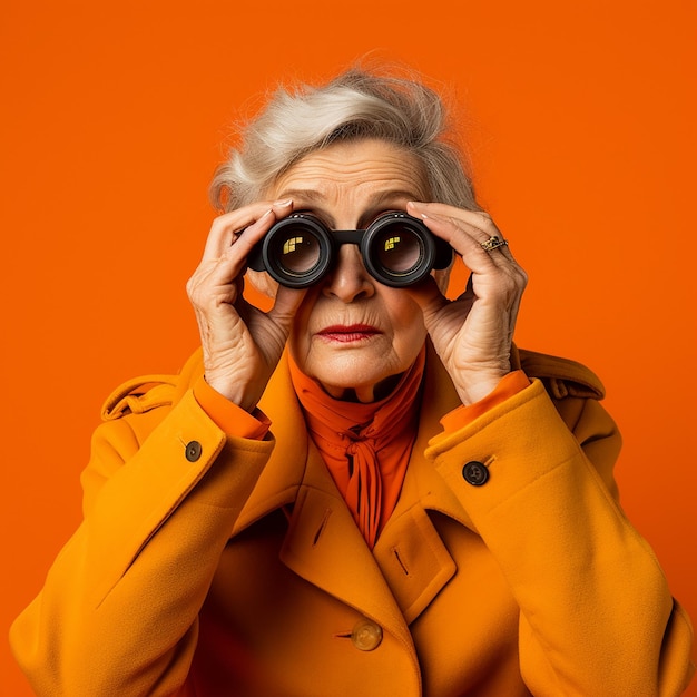 Фото Пожилая женщина смотрит через бинокль на оранжевый фон