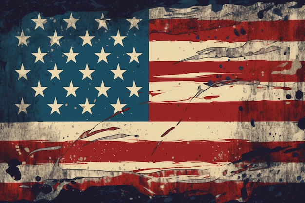 写真 アメリカという言葉が書かれた古いアメリカ国旗