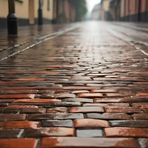 写真 雨の中の古いレンガの道路 ⁇