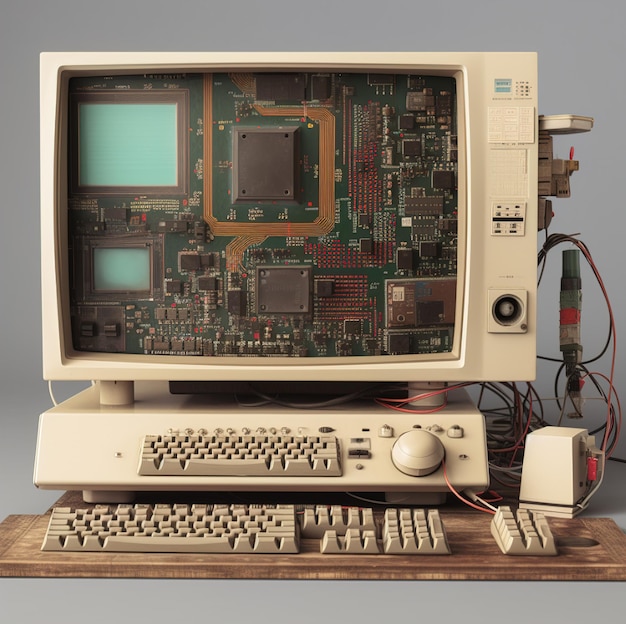 사진 화면에 '전원'이라는 단어가 표시된 오래된 컴퓨터.
