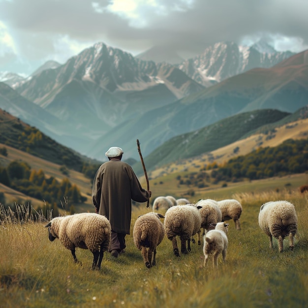 Фото Старик выводит стадо овец на пастбище.