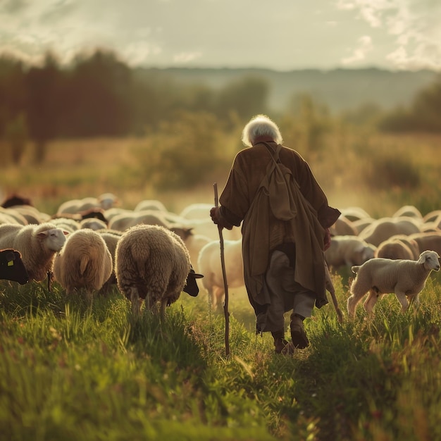写真 老人が羊の群れを牧場に追い出している
