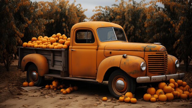 写真 後ろにオレンジかぼちゃを積んだ古いトラック