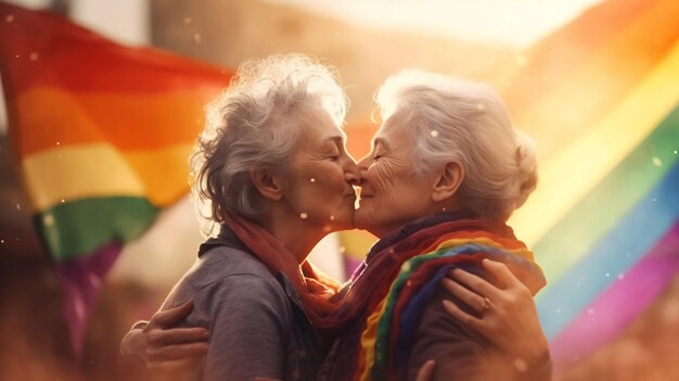 写真 老婦人と祖母が虹の旗でキスをする