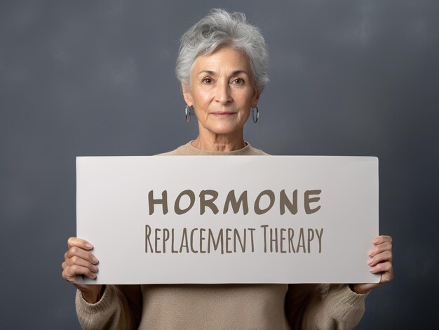 写真 ホルモン補充療法の生成ai画像のテキストが書かれた紙を掲げる老婦人
