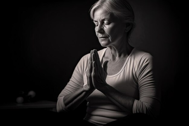 Фото Пожилая женщина молится на черно-белом фото generative ai