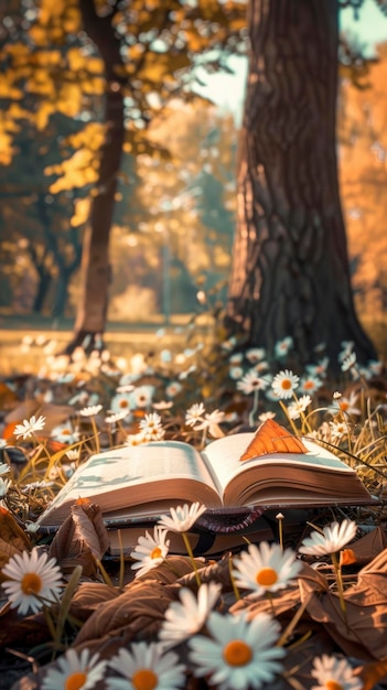 写真 落ちた葉と<unk>花に囲まれた地面に開いた本が横たわっている