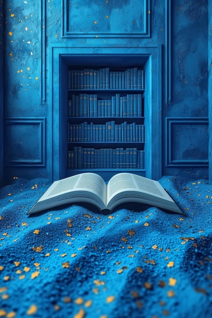 Фото Открытая книга на синем фоне концепция знаний