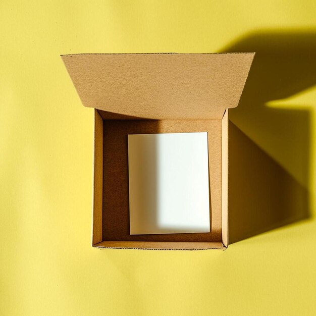 사진 노란색 표면에 열려 있는 판지 상자
