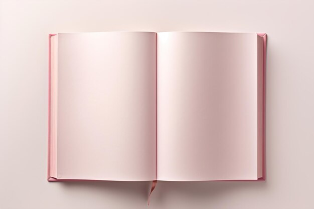 Foto an open pink blank book mockup on a pink surface background