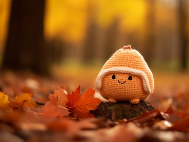 Фото Оранжевая вязаная игрушка, сидящая на опавших листьях