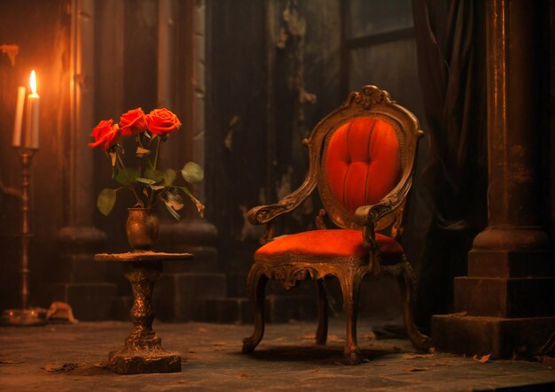 写真 オレンジ色のバラが金色の椅子の隣に座っている