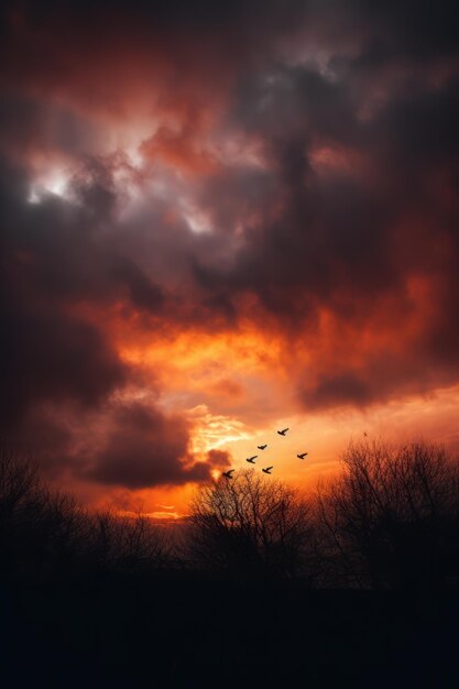 写真 劇的な照明効果の大気雲のスタイルで鳥が飛んでいるオレンジ色の空