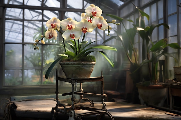 写真 空の温室のある植物スタンドのオルキディア