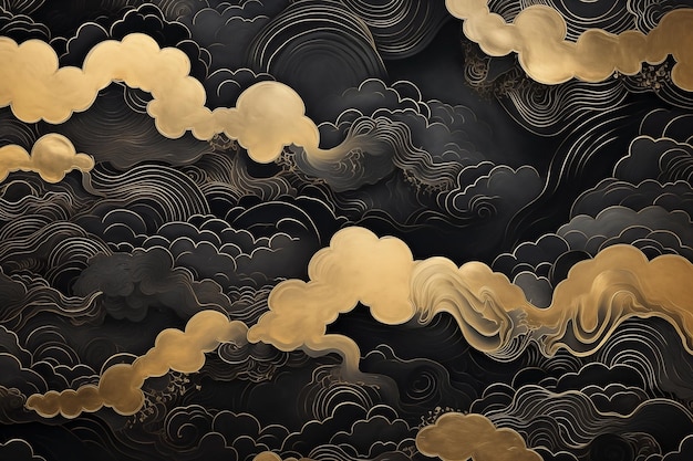 사진 검은색과 금색의 소용돌이 파도 패턴과 산의 구름으로 동양 벽지