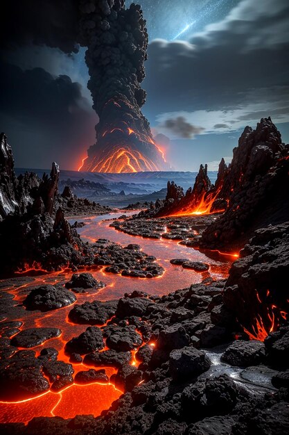 Фото Внеземный пейзаж планеты, заполненной лавой, с бурлящими бассейнами расплавленной скалы и возвышающимися