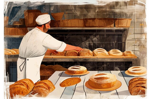 Фото Рабочий в печи готовит несколько хлебов