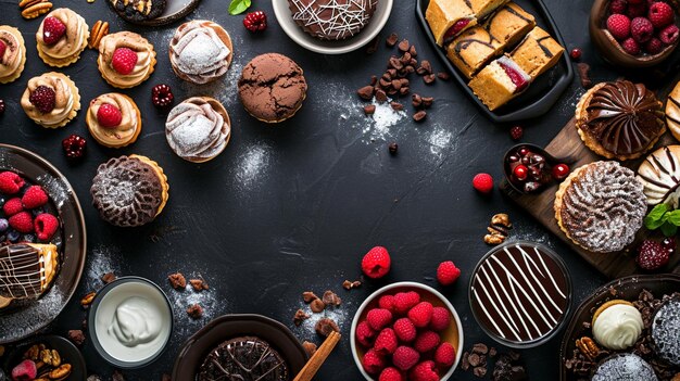 Фото Вид с высоты плоского слоя десертов и выпечки