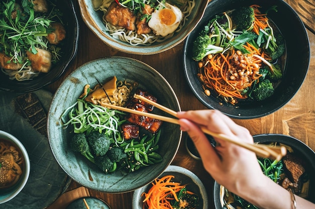 写真 美味しい食べ物の上にチョップスティックを握っている男の手の空の景色