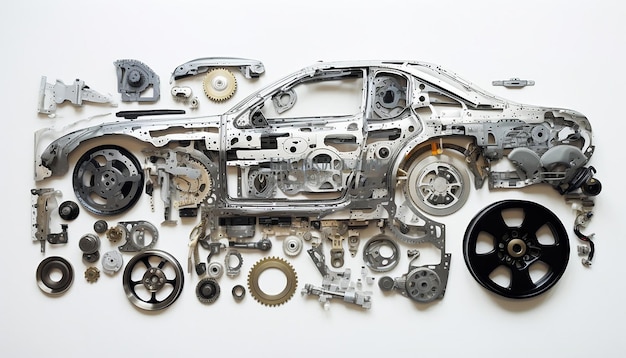 사진 깨끗한 흰색 배경에 자동차 부품으로 구성된 퍼즐의 머리 위 전망