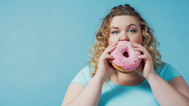 写真 青いトップを着た太った女性がコピースペースの問題のある青い背景でピンクのドーナツをみます