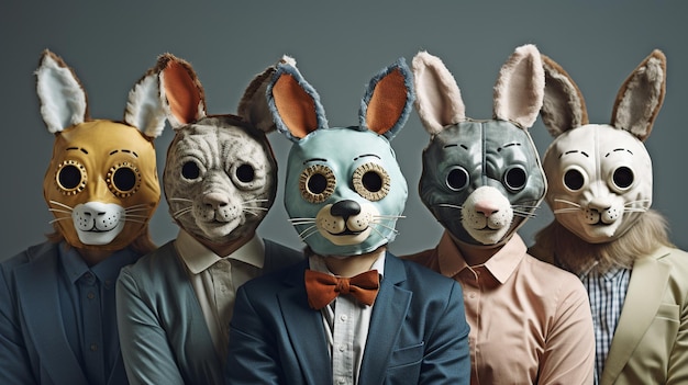 Фото Одинокая группа юмористических людей, носящих маски, похожие на животных, на сером фоне группа работников фирмы или студентов, хорошо проводящих время вместе