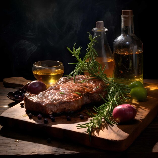 写真 ルネッサンス・キアロスキュロ様式のハーブとスパイスで板の上にステーキ