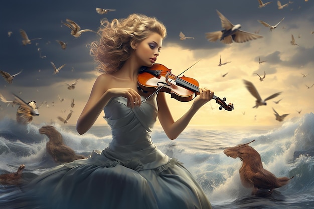 Фото Сюрреалистический симфонический скрипач, заклинающий птиц