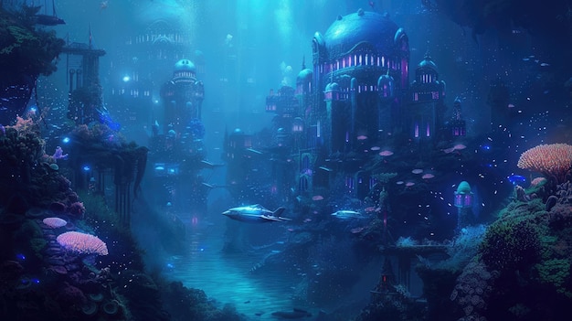 Фото Подводный город с биолюминесцентными кораллами