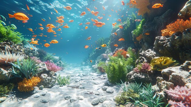 写真 海底の楽園が広がりサンゴ礁が海流でゆっくりとらぎます