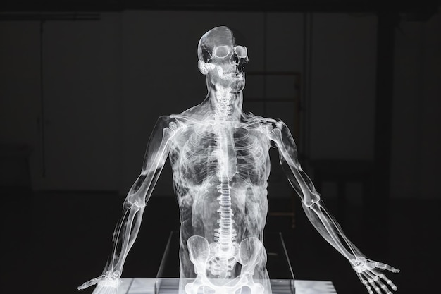 사진 어두운 방에서 찍은 인체의 스레이 이미지, 내부 골격 구조를 보여주는 인공지능이 생성한 인체 전체의 스레 투사