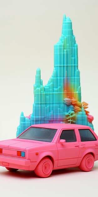 Photo anaglyph pink model car with artwork sculpture risograph glitch art