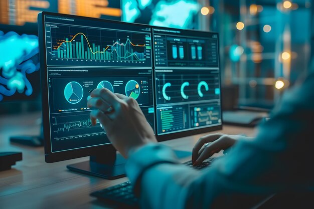 Analist die gebruik maakt van een computerdashboard voor geavanceerde data-gedreven bedrijfsanalyse en besluitvormingsondersteuning