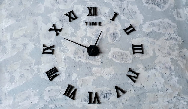 白いコンクリートの壁にアナログ時計