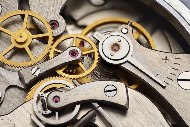 Analog mechanical stopwatch mechanism gears inside