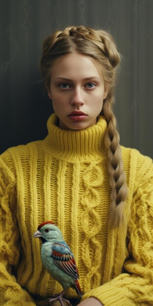 Photo analog portrait canary with braids in knitwear