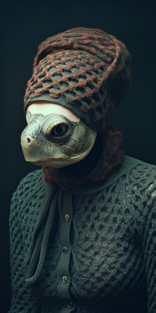 Photo analog portrait woman in turtle mask with knitted hat