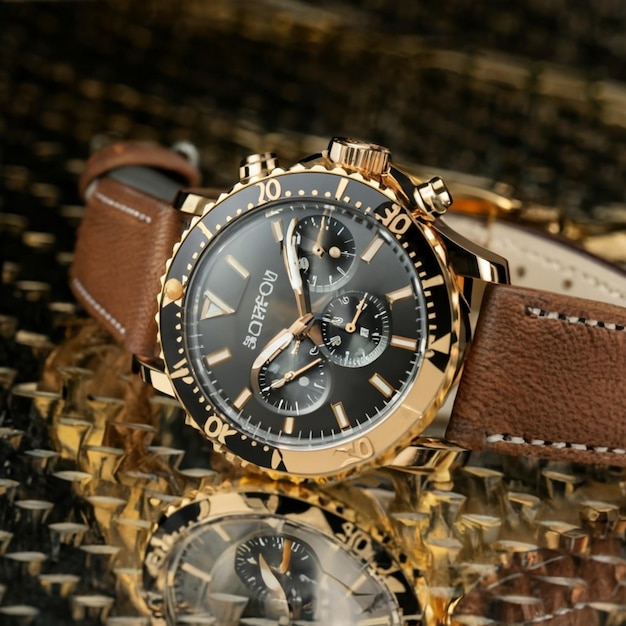 analog wrist watch with brown dial and brown strap on wooden table