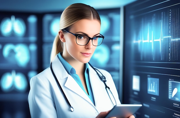 Foto analyse van gegevens over digitale gezondheidszorg en netwerkconnectiviteit een professionele arts die in een ziekenhuis werkt