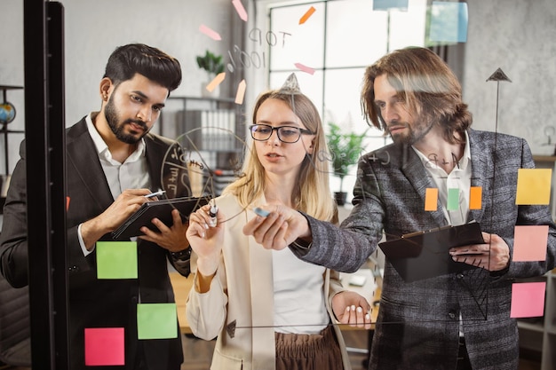 Analyseplan maken met behulp van een glazen bord in de conferentiezaal