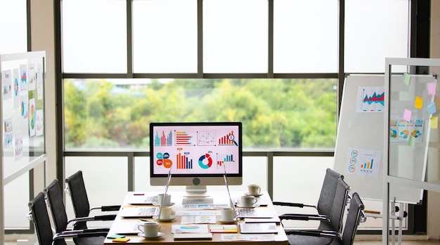 Photo analysis sales target growth graph chart investment report data on big computer screen monitor placed in middle of meeting table in front glass building windows with garden view in blurred background.