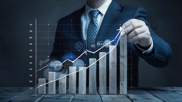 Analysis van verkoopgegevens en grafiek van de economische groei van zakenlieden digitale marketingstrategie en -planning