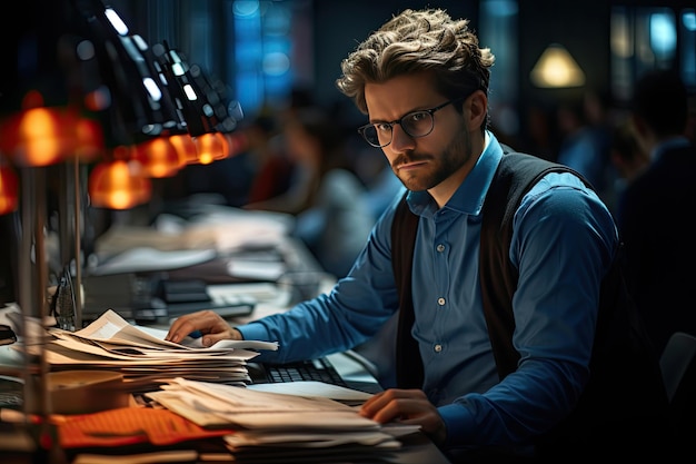 Analyst focused on office accounting organized with spreadsheets and folder shelf generative IA