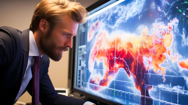 An analyst at a high resolution data console examining climate patterns