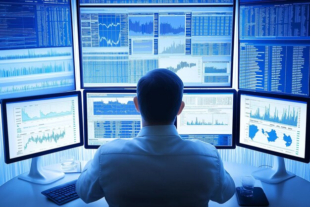分析師沉浸在數據分析中, 顯示圖表的多個屏幕
