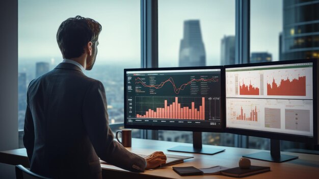 複数のスクリーンで財務データをレビューするアナリスト