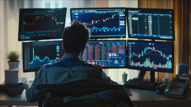 Analyst studying financial trends on multiple computer monitors