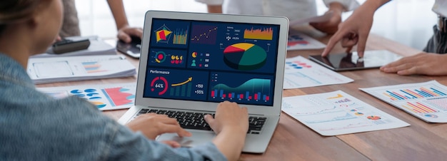 Analyst team utilizing BI Fintech to analyze financial report Scrutinize